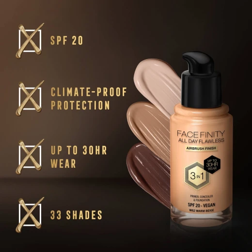 Max Factor Facefinity 3 in 1 Foundation Warm Beige Full Coverage Makeup SPF20 Flawless Complexion - Max Factor - Image 2