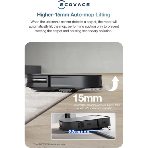 مكنسة وممسحة روبوت ECOVACS DEEBOT X2 Omni، شفط 8000 باسكال، رفع 15 مم، محطة أومني مع غسيل ممسحة الماء الساخن، تفريغ ذاتي، تجفيف الهواء الساخن، إعادة التعبئة التلقائية، تجنب العوائق، أسود - ايكوفاكس - Image 4