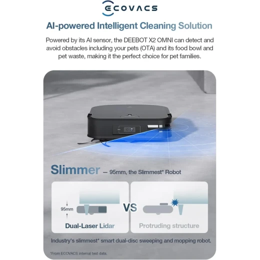 مكنسة وممسحة روبوت ECOVACS DEEBOT X2 Omni، شفط 8000 باسكال، رفع 15 مم، محطة أومني مع غسيل ممسحة الماء الساخن، تفريغ ذاتي، تجفيف الهواء الساخن، إعادة التعبئة التلقائية، تجنب العوائق، أسود - ايكوفاكس - Image 3