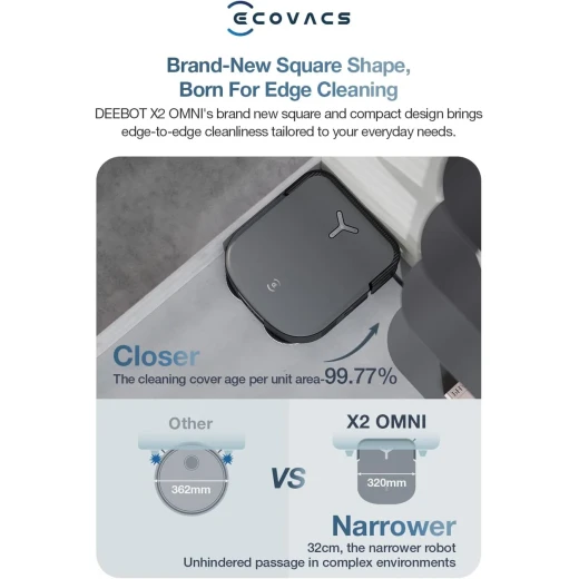 مكنسة وممسحة روبوت ECOVACS DEEBOT X2 Omni، شفط 8000 باسكال، رفع 15 مم، محطة أومني مع غسيل ممسحة الماء الساخن، تفريغ ذاتي، تجفيف الهواء الساخن، إعادة التعبئة التلقائية، تجنب العوائق، أسود - ايكوفاكس - Image 2