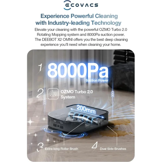 مكنسة وممسحة روبوت ECOVACS DEEBOT X2 Omni، شفط 8000 باسكال، رفع 15 مم، محطة أومني مع غسيل ممسحة الماء الساخن، تفريغ ذاتي، تجفيف الهواء الساخن، إعادة التعبئة التلقائية، تجنب العوائق، أسود - ايكوفاكس - Image 5