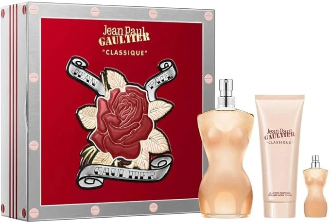 مجموعة هدايا عطر جان بول غوتييه سكاندال للنساء مع لوشن للجسم وعطر بحجم السفر برائحة الأزهار - Jean paul gaultier