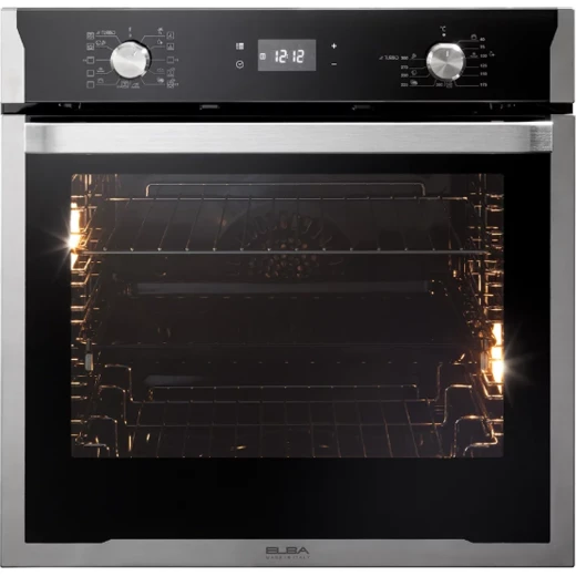Elba 60cm Black Electric Built-in Oven with 11 Functions: Dual Fan Convection, Easy Clean Enamel, Baking, Roasting, and Grilling Capabilities for Superior Cooking Results. This oven offers versatile cooking options. Elba 60cm Black Electric Built-in Oven with 11 Functions: Dual Fan Convection, Easy Clean Enamel, Baking, Roasting, and Grilling Capabilities for Superior Cooking Results. This oven offers versatile cooking options.