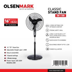 مروحة عمودية كلاسيكية من Olsenmark OMF1793 مقاس 16 بوصة - 3 سرعات و6 شفرات مع جهاز تحكم عن بعد