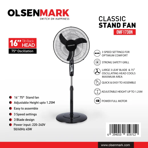 Olsenmark OMF1793 16 inch Classic Stand Fan - 3 Speed 6 Leaf Blade with Remote Control Olsenmark OMF1793 16 inch Classic Stand Fan - 3 Speed 6 Leaf Blade with Remote Control