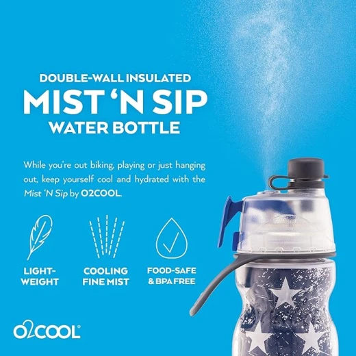 زجاجة ماء O2COOL Mist 'N Sip مع وظيفة الرذاذ والشرب 2 في 1، مزودة بفتحة سحب علوية بدون تسرب، زجاجة ماء رياضية قابلة لإعادة الاستخدام - 20 أونصة (باتريوت) - اوه تو كول - Image 5