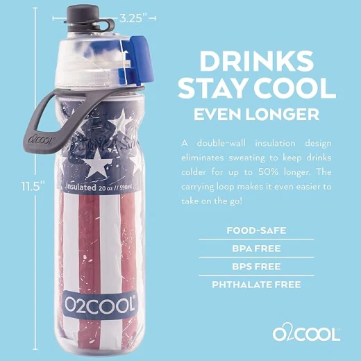 زجاجة ماء O2COOL Mist 'N Sip مع وظيفة الرذاذ والشرب 2 في 1، مزودة بفتحة سحب علوية بدون تسرب، زجاجة ماء رياضية قابلة لإعادة الاستخدام - 20 أونصة (باتريوت) - اوه تو كول - Image 2