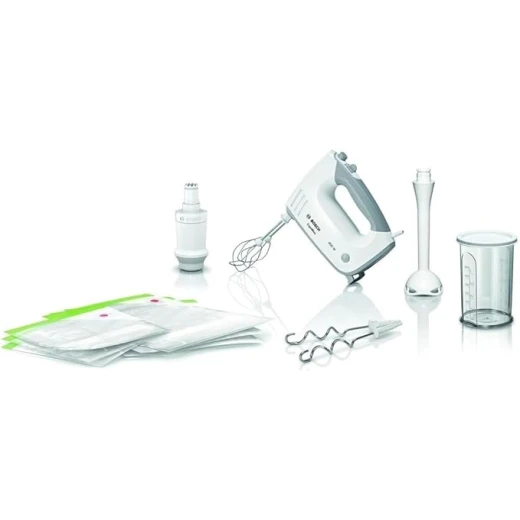 Bosch MFQ364V0 Ergomixx Hand Mixer, Vacuum System, 450 W, Vacuum Pump, Bags and Boxes, Mixing Stick, White [Energy Class B]
