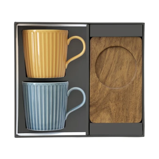 Set of Two 380ml Porcelain Mugs with Acacia Saucers in Yellow and Blue Gift Box - Image 2