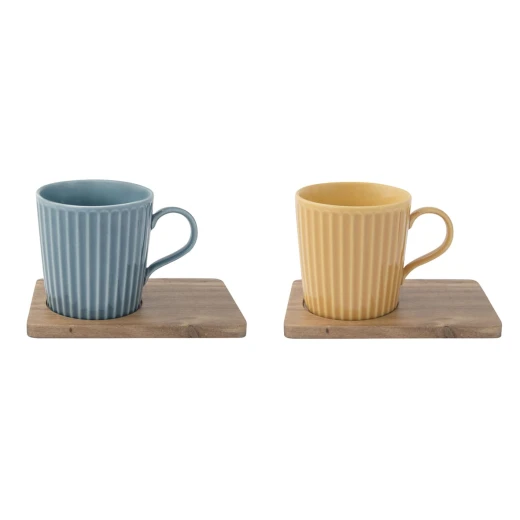 Set of Two 380ml Porcelain Mugs with Acacia Saucers in Yellow and Blue Gift Box Set of Two 380ml Porcelain Mugs with Acacia Saucers in Yellow and Blue Gift Box