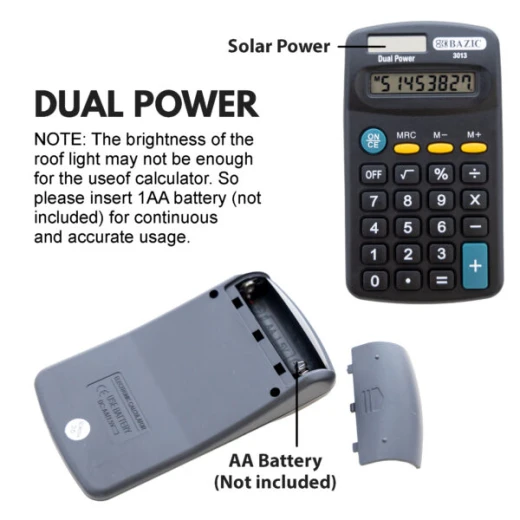 Bazic Pocket Size Calculator 8-Digit Dual Power – Black - Bazic - Image 2