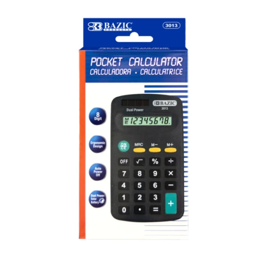 Bazic Pocket Size Calculator 8-Digit Dual Power – Black Bazic Pocket Size Calculator 8-Digit Dual Power – Black