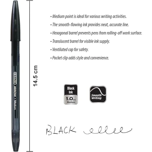 Bazic Arrow Ballpoint Pens, 1.0 mm Medium Point Black Color Stick Pen, Smooth Writing for Office School Teacher, 10 Count, 1-Pack - Bazic - Image 7