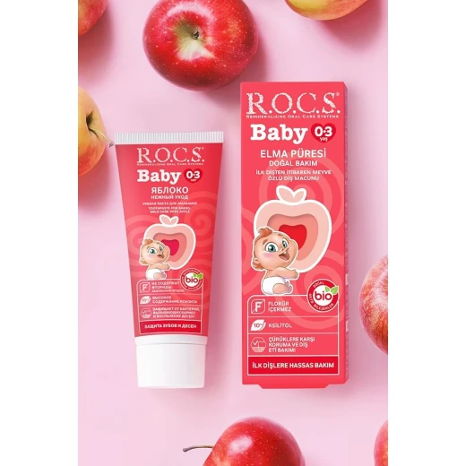 ROCS Baby Toothpaste Mild Apple Care 45g, Fluoride-Free Formula for Gentle Enamel Protection & Gum Care | Safe Daily Oral Hygiene with a Soft Apple Flavor - R.O.C.S - Image 3