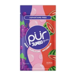PUR Jumbo Gum, Sugar-Free, 100% Xylitol, Grape & Watermelon Flavors, 20 Pieces (Single Resealable Pack)