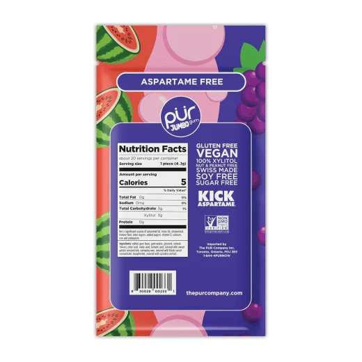 PUR Jumbo Gum, Sugar-Free, 100% Xylitol, Grape & Watermelon Flavors, 20 Pieces (Single Resealable Pack) - Pur - Image 2