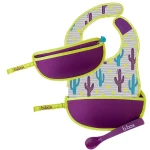 b.box Travel Bib and Flexible Soft-Bite Spoon ,Cactus Capers Pattern , Adjustable Neck Strap ,BPA-Free , Phthalates & PVC Free , Machine Washable , Folds up into its own pouch - B.Box