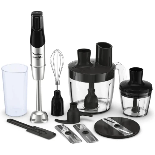 MOULINEX Hand Blender, InfinyForce Hand Stick Blender with Accessories, 1200W, Silver/Black, Stainless Steel Plastic DD95JD27 MOULINEX Hand Blender, InfinyForce Hand Stick Blender with Accessories, 1200W, Silver/Black, Stainless Steel Plastic DD95JD27