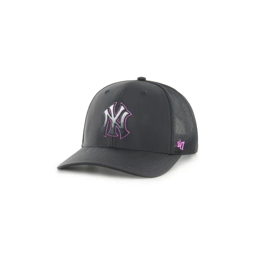 47 Brand New York Yankees Black Volcanic Trucker Cap Adjustable Snapback, Curved Visor, Raised Black NY Logo, Black Mesh Design 47 Brand New York Yankees Black Volcanic Trucker Cap Adjustable Snapback, Curved Visor, Raised Black NY Logo, Black Mesh Design