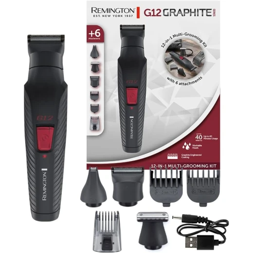 Remington Hair Clipper Men 12-in-1 Kit with 6 attachments, Body, Beard & Hair Trimmer, Nose Ear & Eyebrow Trimmer G12 (Graphite Engineered Coating, Self-Sharpening Blades, USB Rechargeable) PG2120