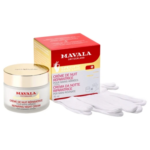 Mavala Repairing Night Cream for Damaged Hands - 70 ml A rich night cream that helps repair and restore damaged and dry hands while you sleep, leaving them soft and rejuvenated in the morning Mavala Repairing Night Cream for Damaged Hands - 70 ml A rich night cream that helps repair and restore damaged and dry hands while you sleep, leaving them soft and rejuvenated in the morning