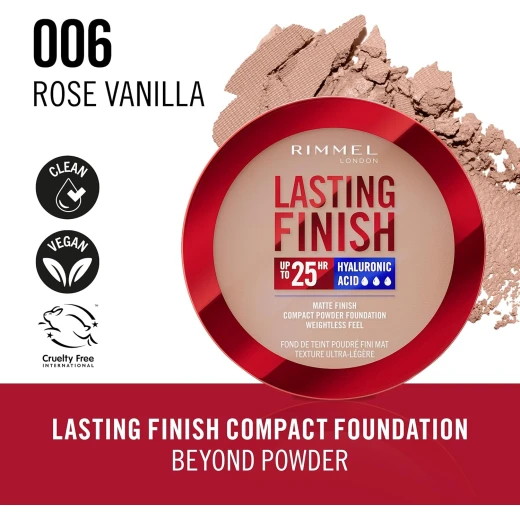 Rimmel Lasting Finish 25 HR Matte Foundation Rose Vanilla SPF 20 Waterproof Flawless Coverage Compact Powder Makeup - Rimmel London - Image 5