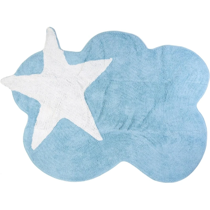 Aratextil Mimosa Cloud Rug for Kids Soft Handwoven Cotton Play Mat with White Stars Baby Blue 120x160 cm Machine Washable & Allergy Friendly - Aratextil