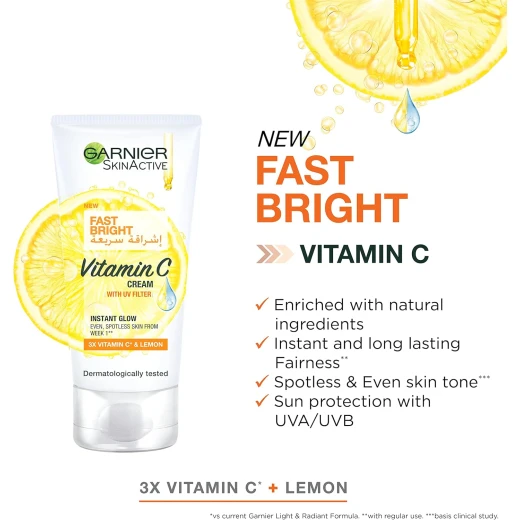 Garnier Fast Bright Day Cream 50ml with 3x Vitamin C & Lemon, Reduces Dark Spots & UV Spots for Brighter Skin in 1 Week - Garnier - Image 3