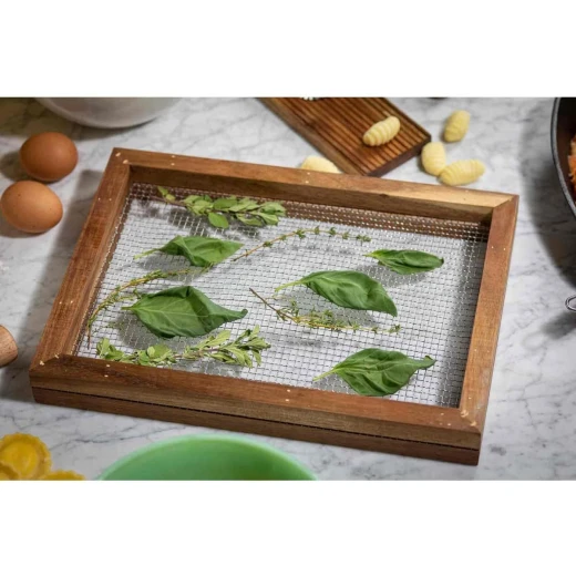 Table Craft Herb Drying Rack 34x34x4 cm Stackable Acacia Wood & Metal Mesh Dehydrator for Fresh Herbs No Electricity Needed Space-Saving Design Hand Wash Recommended - Table Craft - Image 3