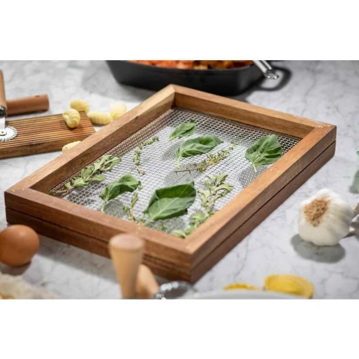 Table Craft Herb Drying Rack 34x34x4 cm Stackable Acacia Wood & Metal Mesh Dehydrator for Fresh Herbs No Electricity Needed Space-Saving Design Hand Wash Recommended - Table Craft - Image 6