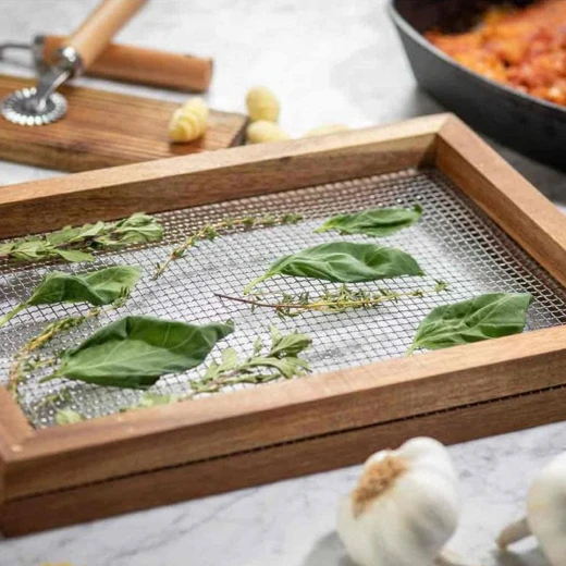 Table Craft Herb Drying Rack 34x34x4 cm Stackable Acacia Wood & Metal Mesh Dehydrator for Fresh Herbs No Electricity Needed Space-Saving Design Hand Wash Recommended - Table Craft - Image 9