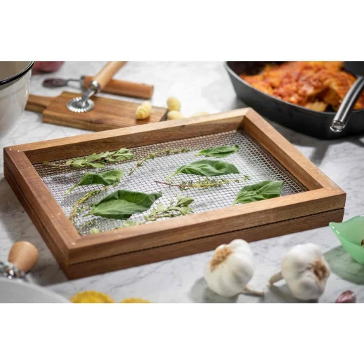 Table Craft Herb Drying Rack 34x34x4 cm Stackable Acacia Wood & Metal Mesh Dehydrator for Fresh Herbs No Electricity Needed Space-Saving Design Hand Wash Recommended - Table Craft - Image 7