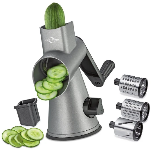 Kuchenprofi Robusto Drum Grater Multi-Purpose Rotary Grater with 3 Interchangeable Drums for Cheese, Chocolate, Nuts, Vegetables & Slicing Coarse & Fine Grating Kuchenprofi Robusto Drum Grater Multi-Purpose Rotary Grater with 3 Interchangeable Drums for Cheese, Chocolate, Nuts, Vegetables & Slicing Coarse & Fine Grating