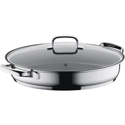 WMF Oval Fish Frying Pan 38x26cm with Glass Lid 18/10 Stainless Steel Heat-Resistant Handles TransTherm Base Suitable for All Stovetops Including Induction