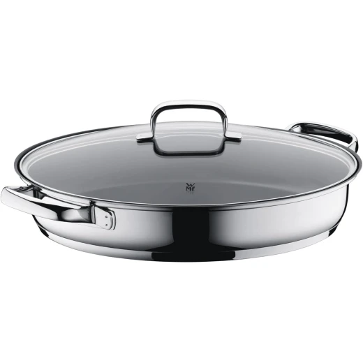WMF Oval Fish Frying Pan 38x26cm with Glass Lid 18/10 Stainless Steel Heat-Resistant Handles TransTherm Base Suitable for All Stovetops Including Induction