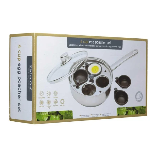 Kitchen Craft Stainless Steel 4-Hole Egg Poacher 20.5cm Mirror Finish with Non-Stick Removable Cups Glass Lid & Riveted Handle Induction-Compatible Dishwasher Safe Doubles as Sauté Pan - KitchenCraft - Image 2