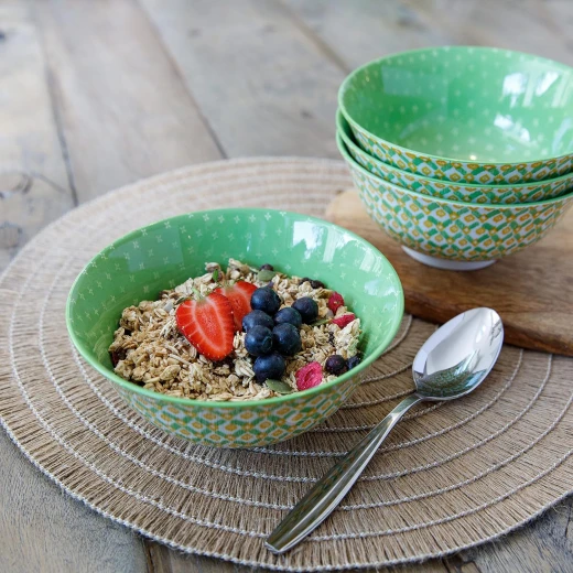 Kitchen Craft Glazed Stoneware Bowl with Geometric Pattern, Green & Yellow Ceramic Bowls with Footed Base, Microwave & Dishwasher Safe, 15.7 cm (6") - KitchenCraft - Image 3