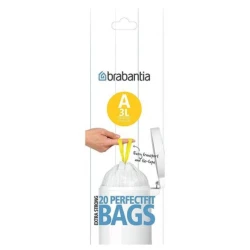 Brabantia Trash Plastic Bags 3 Liter (0.8 Gallon) White Perfect Fit Liners with Ventilation Holes Extra-Strong Quality Plastic Easy Insert & Removal