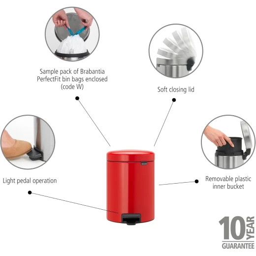 Brabantia New Icon Pedal Bin 5 Liter Red Soft-Close Lid, Removable Inner Bucket, Supports Ocean Cleanup Compact Trash Can - Brabantia - Image 6