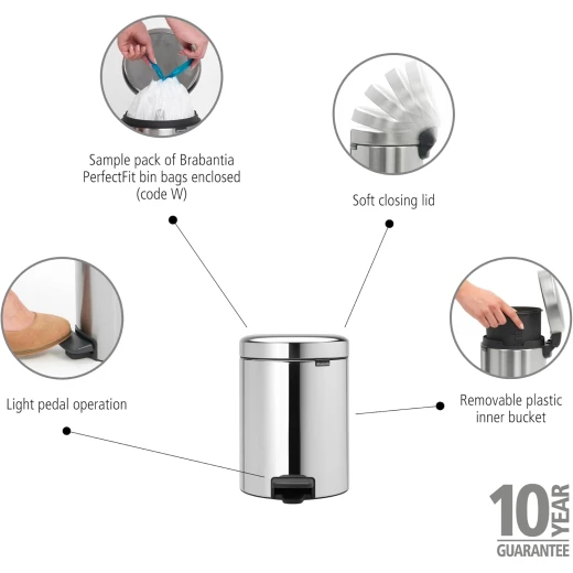 Brabantia New Icon Pedal Bin 5 Liter Brilliant Steel Soft-Close Lid, Removable Inner Bucket, Supports Ocean Cleanup Compact Trash Can - Brabantia - Image 2