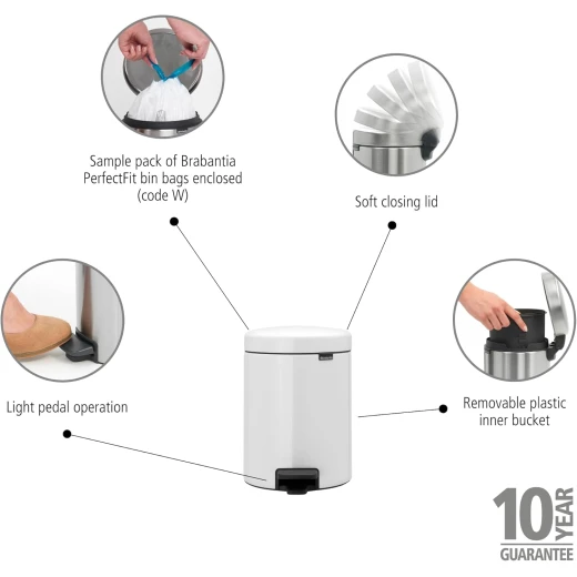 Brabantia New Icon Pedal Bin 5 Liter White Soft-Close Lid, Removable Inner Bucket, Supports Ocean Cleanup Compact Trash Can - Brabantia - Image 2
