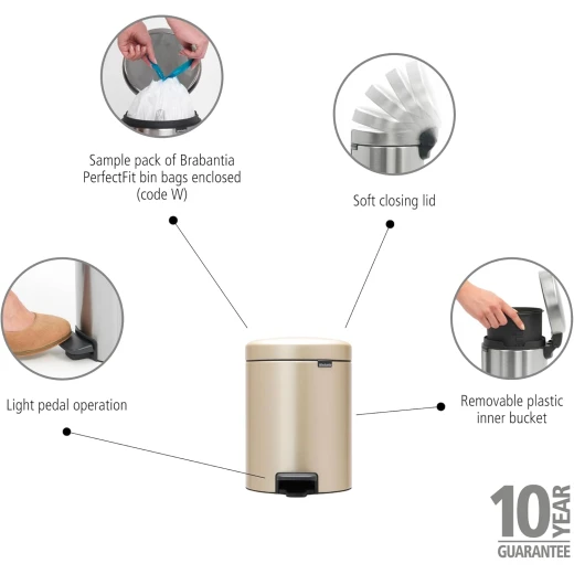 Brabantia NewIcon Pedal Bin 5L Champagne Soft Close Lid, Compact Design, Supports Ocean Cleanup, Stylish Trash Can for Bathroom or Office, 10-Year Guarantee - Brabantia - Image 7