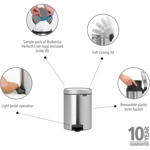 Brabantia New Icon Pedal Bin 5 Liter Matt Steel Soft-Close Lid, Removable Inner Bucket, Supports Ocean Cleanup Compact Trash Can - Brabantia - Image 2