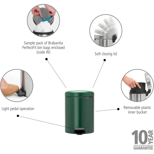 Brabantia New Icon Pedal Bin 5 Liter Pine Green Soft-Close Lid, Removable Inner Bucket, Supports Ocean Cleanup Compact Trash Can - Brabantia - Image 6