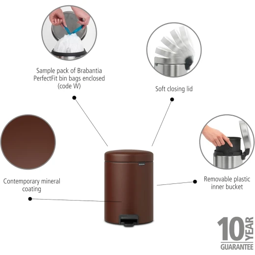 Brabantia New Icon Pedal Bin 5 Liter Mineral Cosy Brown Soft-Close Lid, Removable Inner Bucket, Supports Ocean Cleanup Compact Trash Can  21 x 27 x 29 cm - Brabantia - Image 7