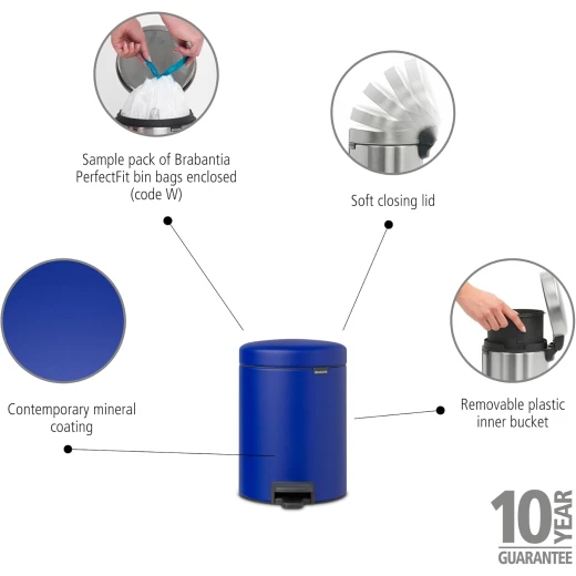 Brabantia New Icon Pedal Bin 5 Liter Mineral Powerful Blue Soft-Close Lid, Removable Inner Bucket, Supports Ocean Cleanup Compact Trash Can 21 x 27 x 29 cm - Brabantia - Image 2