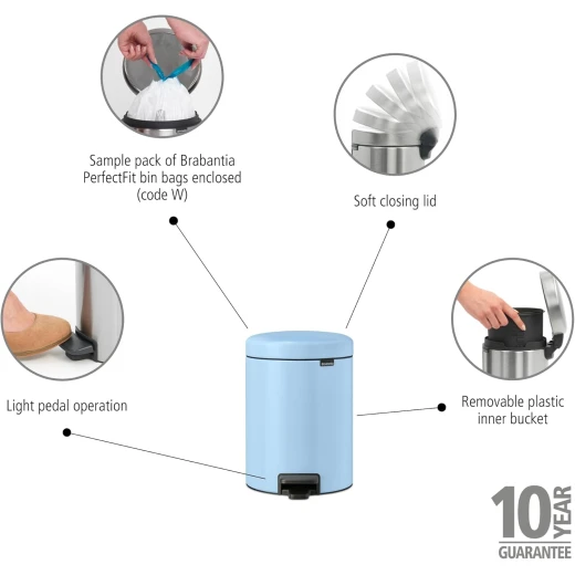 Brabantia NewIcon Pedal Bin 5L Small Waste Bin for Bathroom or Toilet Soft Closing Lid Light Pedal Operation  with Removable Inner Bucket - Non-Slip Base  Dreamy Blue 21 x 27 x 29 cm - Brabantia - Image 9