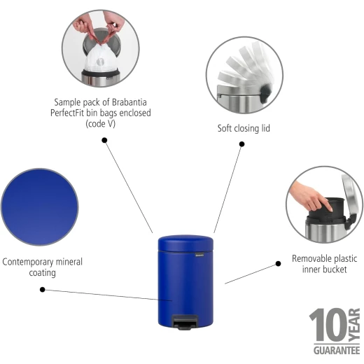 Brabantia NewIcon Pedal Bin 3L Mineral Powerful Blue Soft Close Lid, Odor-Proof, Removable Inner Bucket, Non-Slip Base, Anti-Tilt Compact Trash Can for Bathroom, Bedroom, or Office Stylish and Space-Saving - Brabantia - Image 3