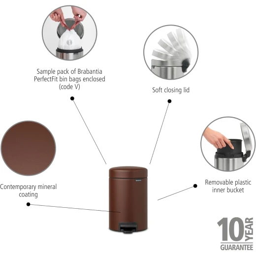 Brabantia - NewIcon Pedal Bin 3L - Small Waste Bin for Bathroom or Toilet - Soft Closing Lid - Light Pedal Operation - with Removable Inner Bucket - Non-Slip Base - Cosy Brown - 17 x 24 x 26 cm - Brabantia - Image 2