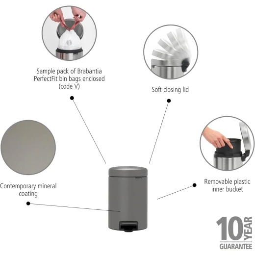 Brabantia NewIcon Pedal Bin 3L Mineral Concrete Grey Soft Close Lid, Compact Design, Supports Ocean Cleanup, Stylish & Silent Trash Can for Bathroom or Office - Brabantia - Image 5